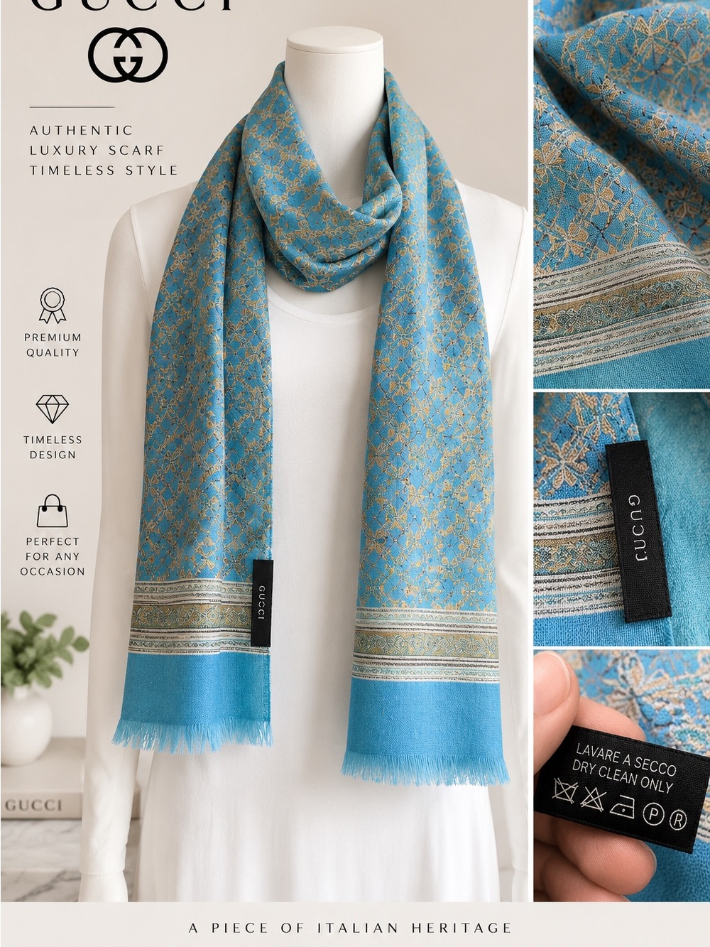 Gucci Blue Turquoise Geometric Scarf – New Without Tags
